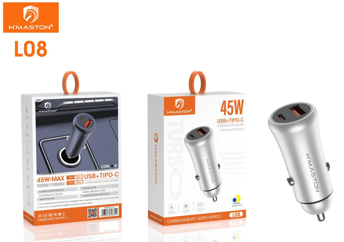 CARREGADOR VEICULAR USB+ TIPO C - L08